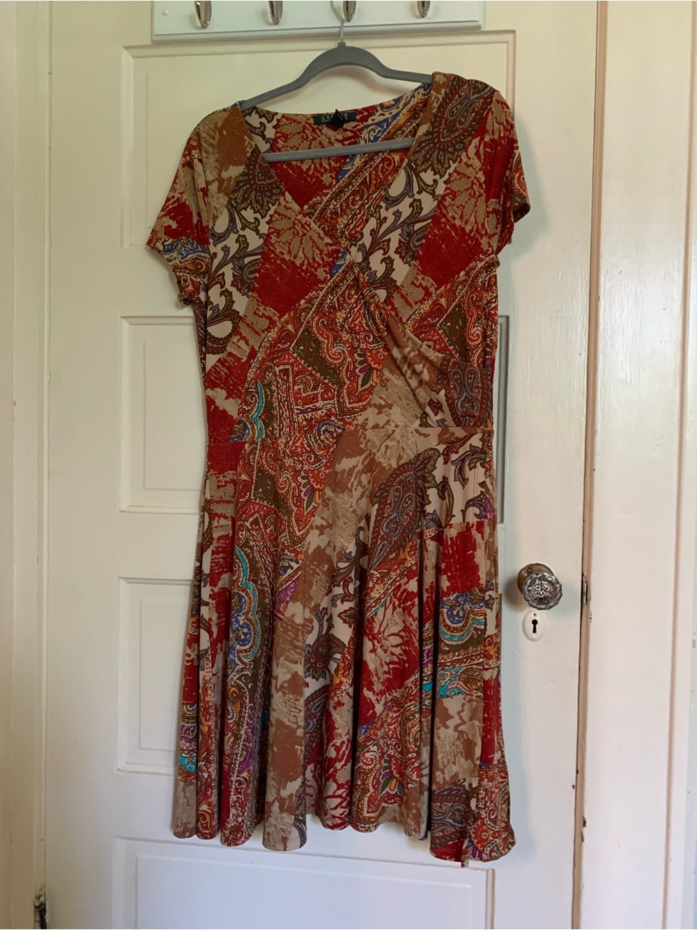 Ralph Lauren Red and Tan Paisley Patchwork Midi Dress